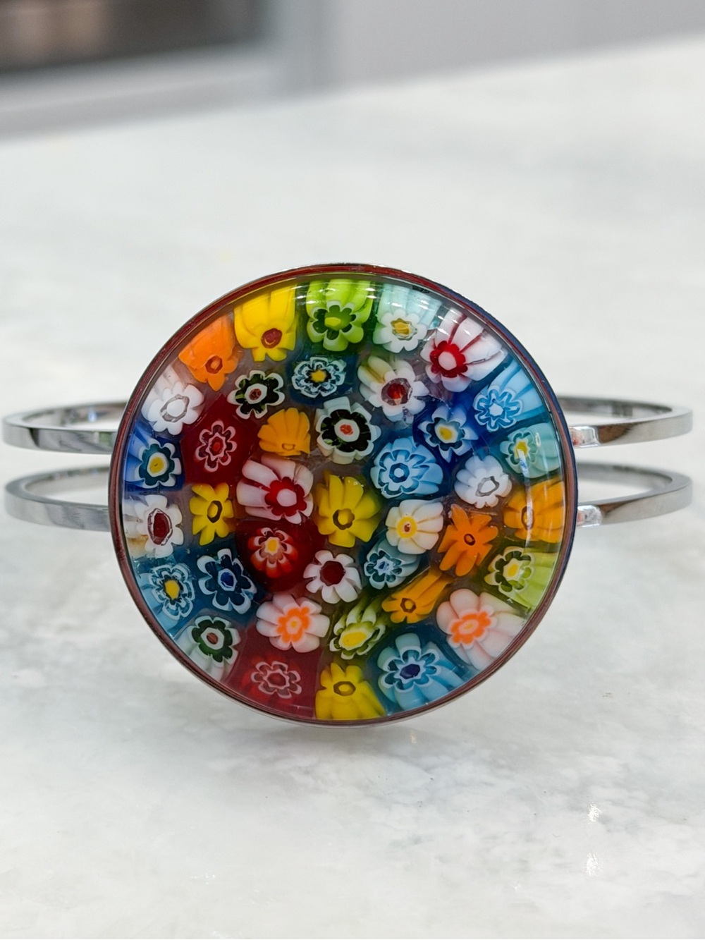 Multicolor Murano Style Glass 3D Floral Silver Bangle Cuff 7.5” Bracelet